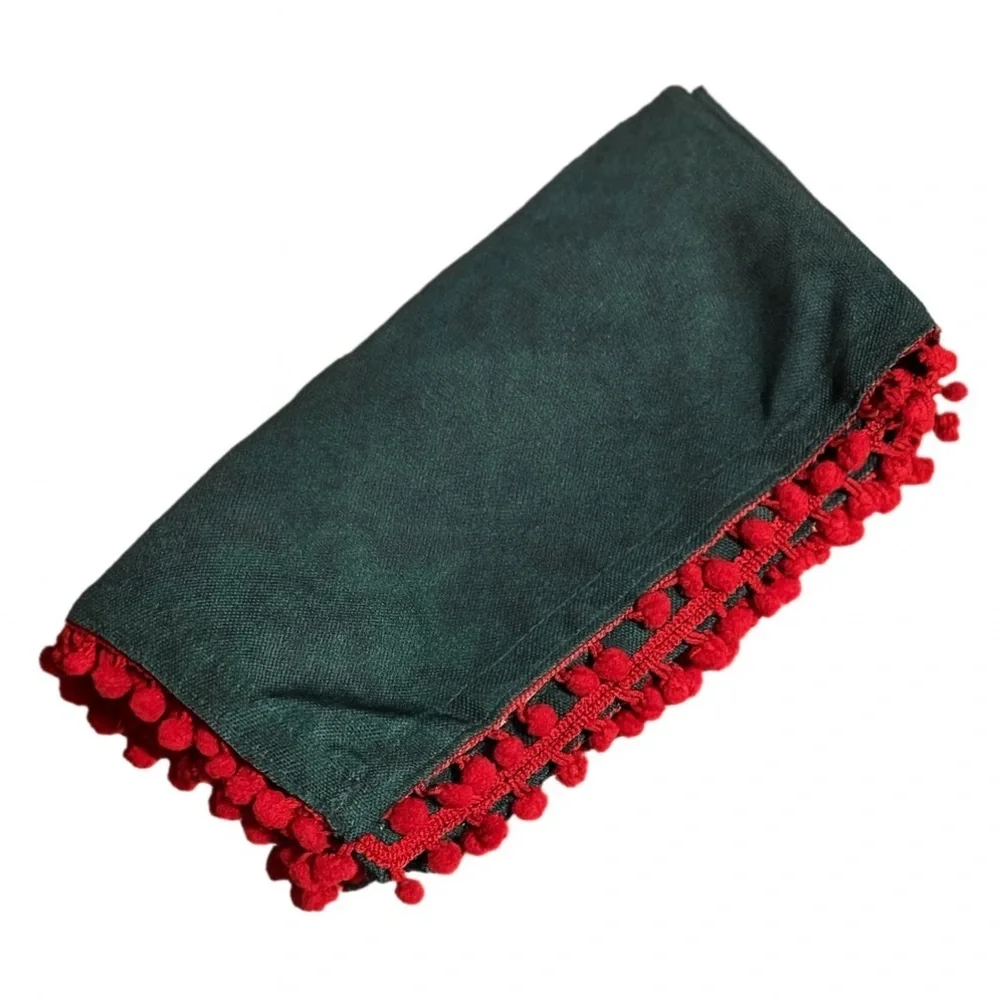 Festive Green & Red Pom Pom Christmas Napkins (Set of 16